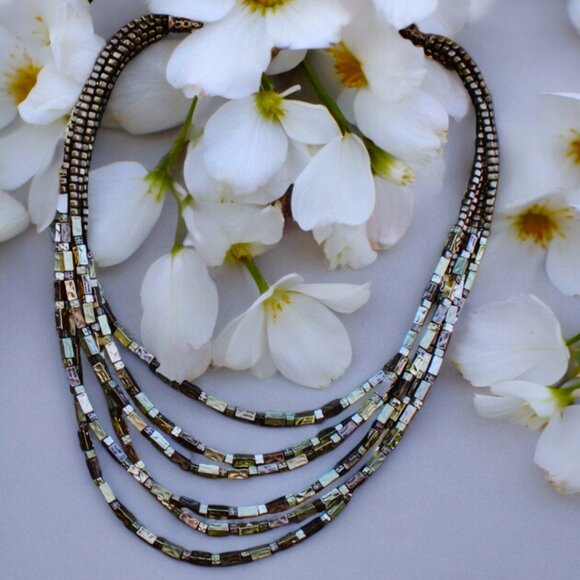 CHICO'S Multi-Strand Hammered Brass Bead Bib Necklace. - Picture 2 of 9